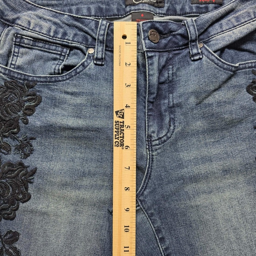 Earl Jeans Embroidered Black Floral Design Dark Denim Skinny Ankle Womens Size 8 - Picture 12 of 13